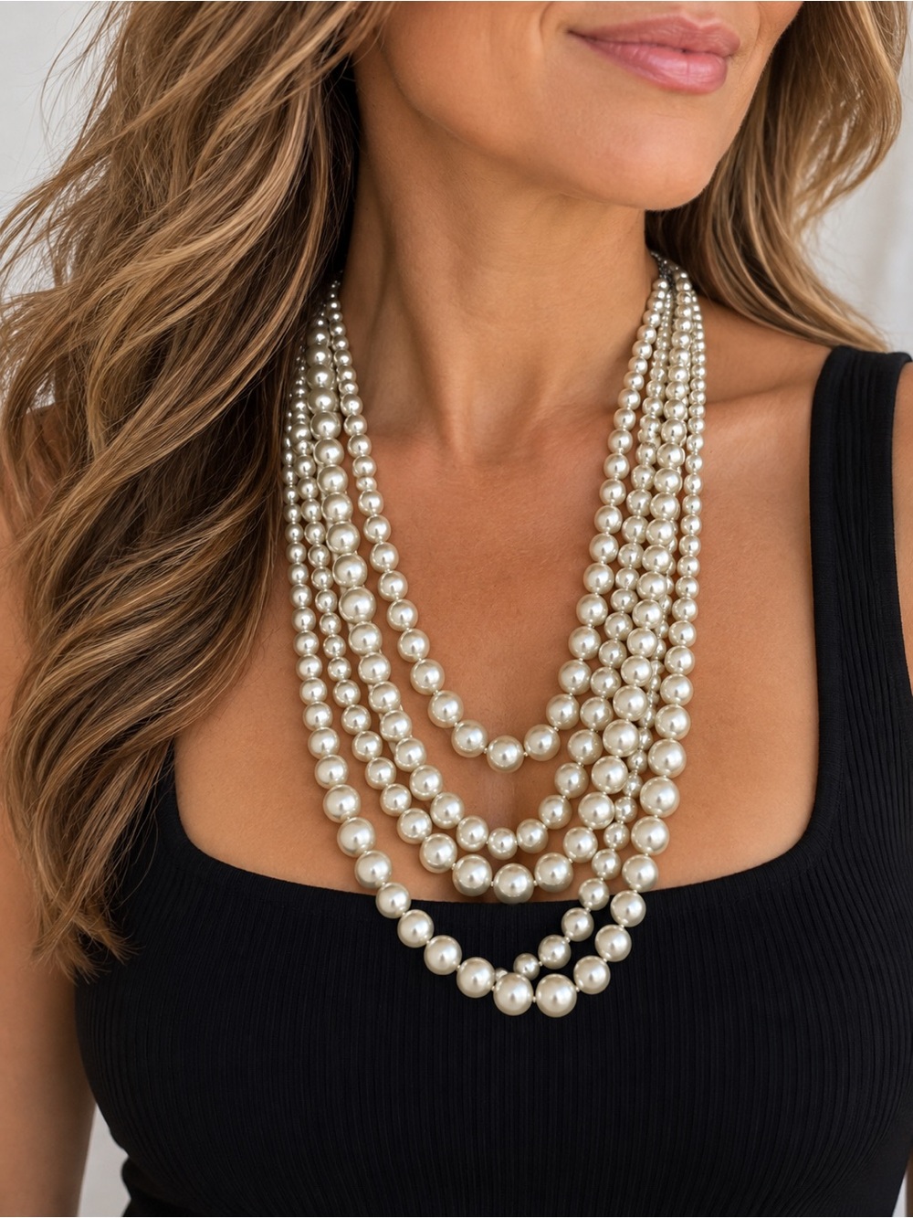 Multi Strand White Faux Pearl Statement Necklace Layered Classic Jewelry